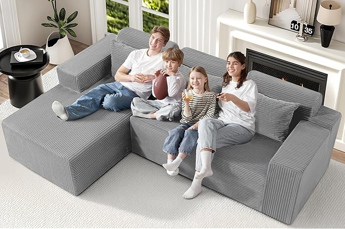 Homguava Modular Sectional Couches for Living Room,105" Cloud Couch with L-Shape Chaise,Comfy Sofa Living Room Sofas with Deep Seat,No Assembly L Couch,Corduroy Fabric(Light Grey,L)