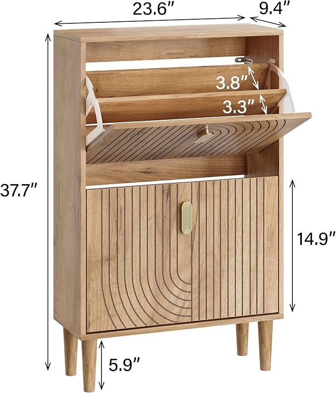 Smuxee Shoe Cabinet with 2 Flip Drawers, 23.6" Oak Hidden Shoe Storage Cabinet with Line Groove Design, Freestanding Shoe Organizer Cabinet for Entryway, Hallway, Living Room - Image 2