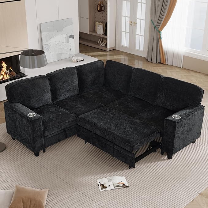 KEIKI 81" L-Shaped Oversized Chenille Modular Sectional Sleeper Sofa with Pull-Out Bed, Storage Seat, Modern 5-Seater Upholstered Couch Bed with Charging Station, Easy Assembly, for Living Room, Black