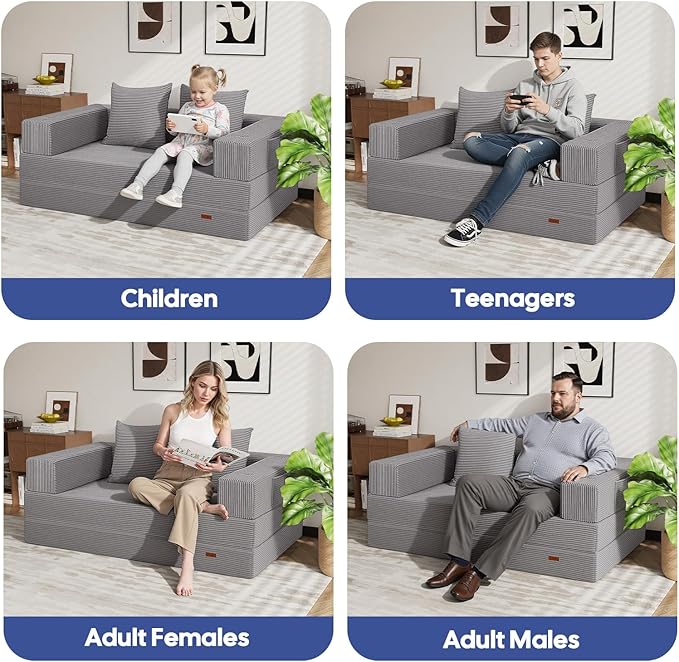 COMAX Futon Sofa Bed, 4‑in‑1 Convertible Sofa Bed, Folding Boneless Couches for Living Room, Fold Out Small Foldable Loveseat Floor Sleeper Comfy Mattress Lounge Space‑Saving, Light Grey