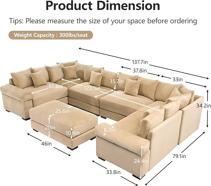 KEIKI 138" U-Shaped Oversized Corduroy Modular Cloud Sectional Sofa with 1 Ottoman, High-Density Foam Cushion, Extra-Thick Armrest, 6-Seater Fluffy Corner Couch with 20 Pillow, for Living Room, Camel