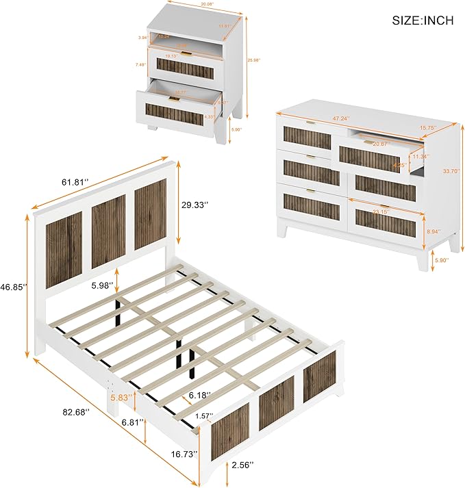 Farmhouse 4-Pieces Bedroom Sets,Queen Size Platform Bed with 2 Storage Nightst and 6-Drawer Dresser with Metal Handle,4 Piece Bedroom Furniture Set with Wooden Strip Stickers Decoration,White