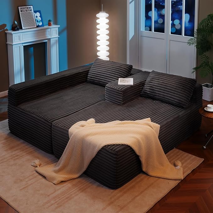 LUCKLIFE 108" Modular Sectional Couch with L-Shape Chaise,Corduroy Upholstery Boneless Couches for Living Room,Oversized Sleeper Sofa,No Assembly Required (Grey, L Shape with Left Facing Chaise)