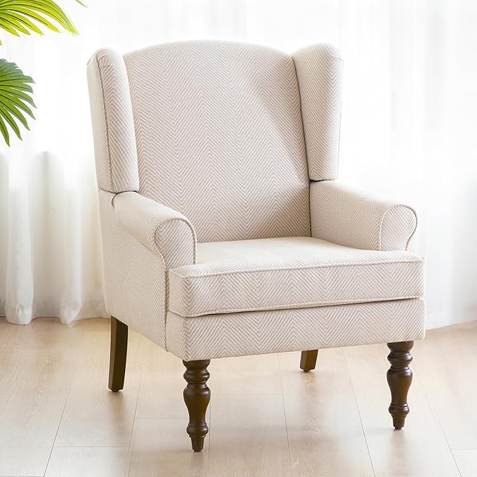 HUIMO Printed Wingback Accent Chair, Linen Upholstered High Back Armchair, Comfy Reading Chair for Living Room Bedroom Study, 300lbs Weight Capacity (1, Tan with Lines)