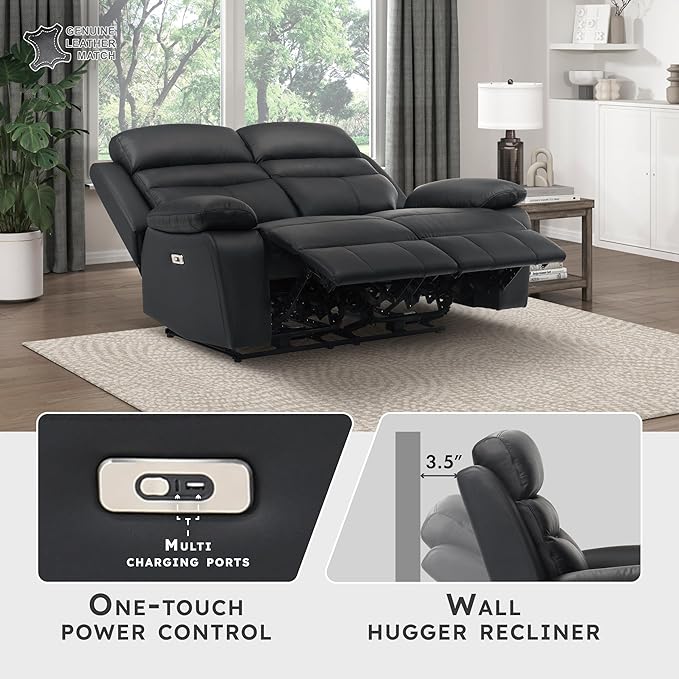 Lexicon Recliner Sofa for Living Room, Double Reclining RV Couch, Power Wall Hugger Recliner Home Theater Seating Leather Match Reclining Sofa, with USB Charge Port, 64''W Loveseat, Black