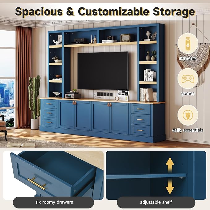 Merax 102.3 Inch Wide Farmhouse Entertainment Center, Rustic TV Stand with 6 Drawers & Adjustable Shelves, Large Media Console for TVs up to 75", Modern Bookshelves Wall Unit, Blue - Image 4