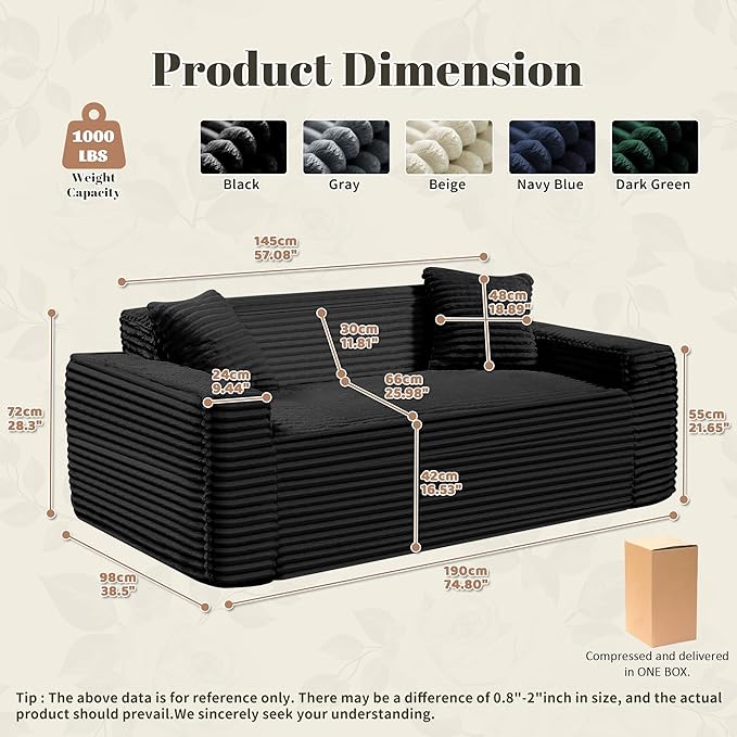 75" Cloud Loveseat Sofa, 26" Deep Seat Boneless Couches for Living Room, Modern 3 Seater Sofa with Throw Pillows, Corduroy Compression Sofa in Box, No Assembly Couch for Bedroom, Dorm, Black