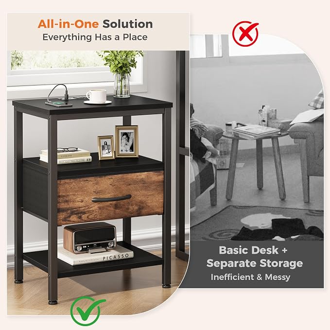 DUMOS Bedside Table with Charging Station and Adjustable Fabric Drawer Compact Nightstand 3-Tier Storage Organizer End Table for Bedroom,Black and Brown - Image 8
