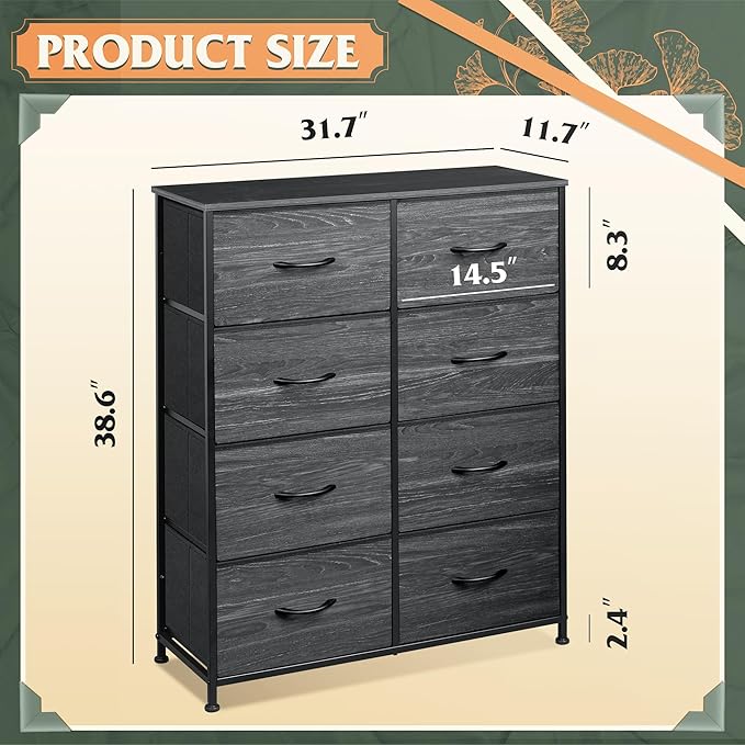 WLIVE Fabric Dresser for Bedroom, Tall Dresser with 8 Drawers, Storage Tower with Fabric Bins, Double Dressers, Chest of Drawers for Closet, Living Room, Dormitory, Charcoal Black Wood Grain Print - Image 3