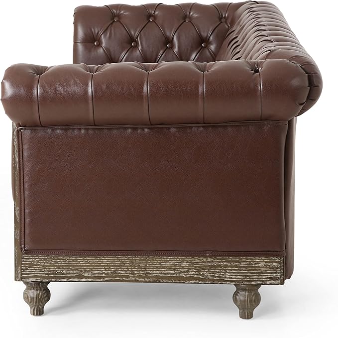 Merax Upholstered PU Chesterfield 3 Seat Sofa, Classic Retro Style Leather Couch Rolled Arm for Living Room Bedroom Office, Dark Brown