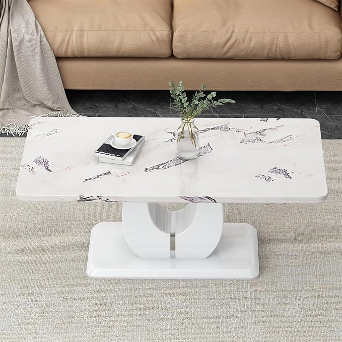 LKTART Rectangle Coffee Table for Living Room, Imitation Marble Coffee Tables with Storage, Modern Stable Base Accent Center Tea Table for Dining Room Small Space Apartment (43.3''L×22.4''H-White)