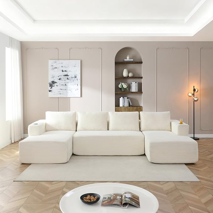 132-Inch U-Shaped Cloud Sectional Couch, Symmetrical Modular Compressed Boneless Sectional Sofa with Chaise Lounges, Plush Corduroy Boneless Corner Sofa W/Cupholders