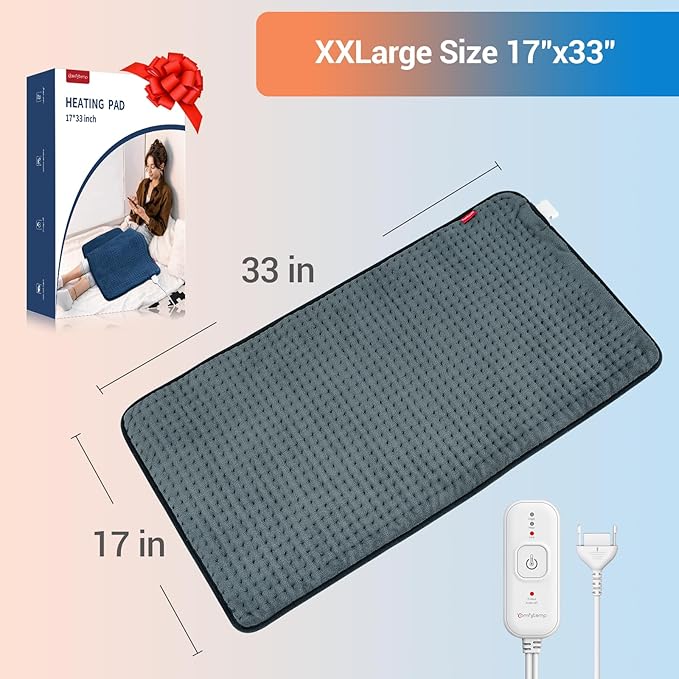 Comfytemp Extra Large Heating Pad for Back & Period, 33''x 17'' Electric Heating Pads for Neck/Shoulder, FSA Eligible Electric Throw, Mothers Day Gifts for Mom Women, Washable, Auto Shut Off, Gray