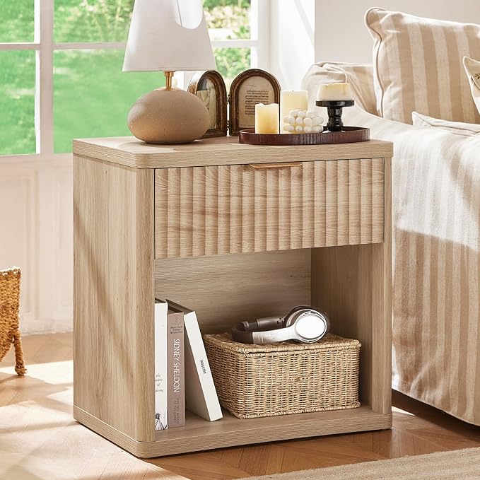 LEYAOYAO Fluted Farmhouse Nightstand Set of 2 with Charging Station, 23" Wide 1 Drawers Night Stand,Natural Dresser for Bedroom,Bed Side Table Chest of Drawers,Wood End Table for Living Room - Image 2