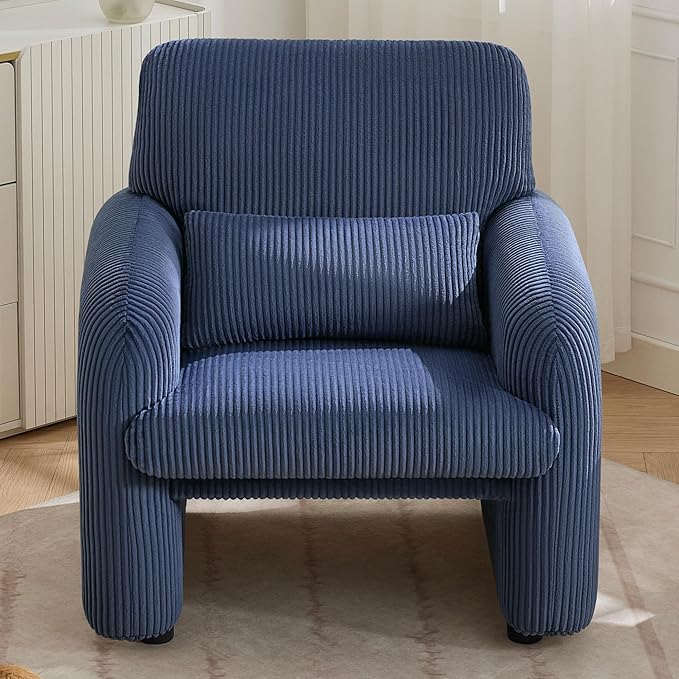 WUTUTUEE Corduroy Fabric Accent Chair, Modern Upholstered Living Room Chairs with Lumbar Pillow, Wide Comfy Leisure Armchair for Bedroom, Office, Reading, Blue