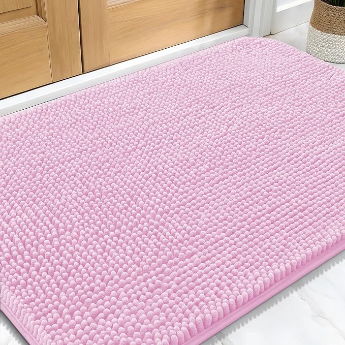 OLANLY Dog Door Mat for Muddy Paws 32x20, Absorbs Moisture and Dirt, Absorbent Non-Slip Washable Doormat, Quick Dry Chenille Mud Mat for Dogs, Entry Indoor Entryway Carpet for Inside Floor, Pink by OLANLY
