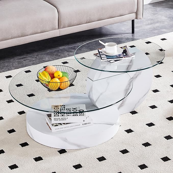 42" Glass Coffee Table, Round Coffee Table, 2-Tier Tempered Glass Tabletop with White Faux Marble Base, Modern Center Table for Living Room, Home, Apartment, Ideal for Small Space