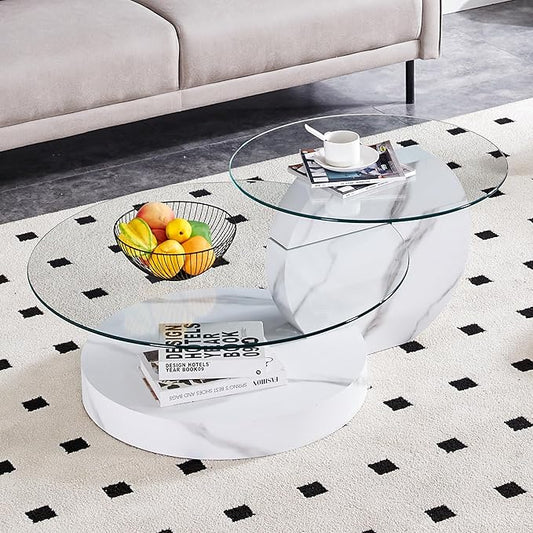 42" Glass Coffee Table, Round Coffee Table, 2-Tier Tempered Glass Tabletop with White Faux Marble Base, Modern Center Table for Living Room, Home, Apartment, Ideal for Small Space