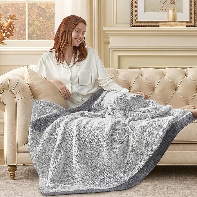 Amélie Home Knit Throw Blanket for Couch, Super Soft Fuzzy Cozy Throw, Giftable Knitted Blanket for Women Men, Birthday, Sofa Bed Living Room Decor, 50" x 60", Heather Grey