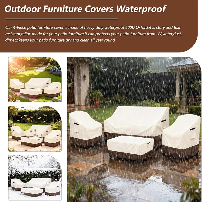 Patio Furniture Covers Set,4-Piece 600D Heavy Duty Waterproof Outdoor Furniture Cover for Patio Swivel Rocker Chairs,Loveseat and Coffee Table,Beige & Brown - Image 3