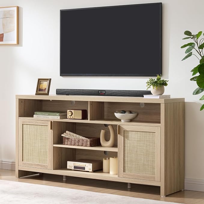 SICOTAS 63" Rattan TV Stand for TVs up to 65" - 31.5" Tall TV Stands for Living Room Boho Entertainment Center with Large Storage and Doors, Modern Wood Media Console for Bedroom, Light Oak by SICOTAS