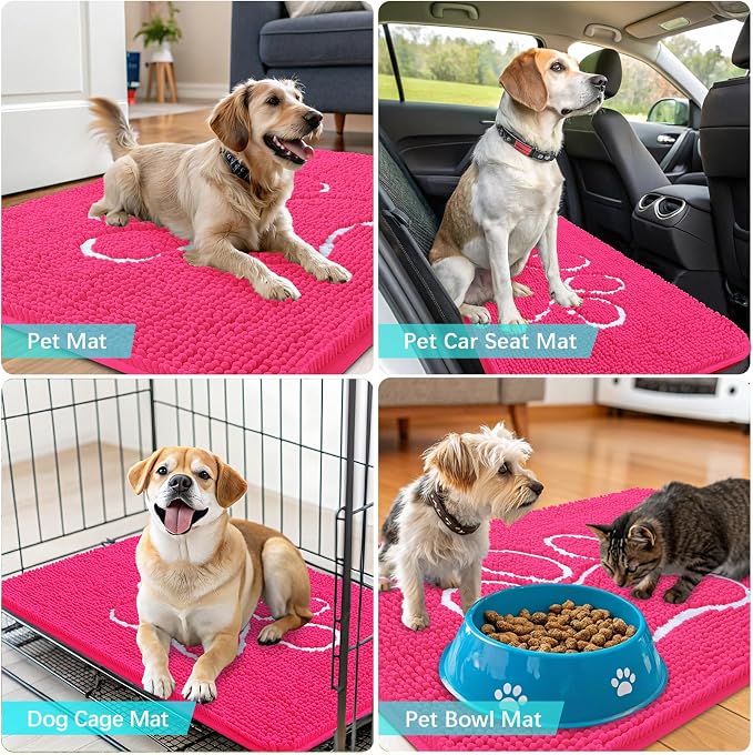 OLANLY Dog Door Mat for Muddy Paws 36x24, Paw Print Design, Absorbs Moisture and Dirt, Absorbent Non-Slip Washable Doormat, Quick Dry Chenille Mud Mat for Dogs, Entry Indoor Entryway Carpet, Hot Pink - Image 7