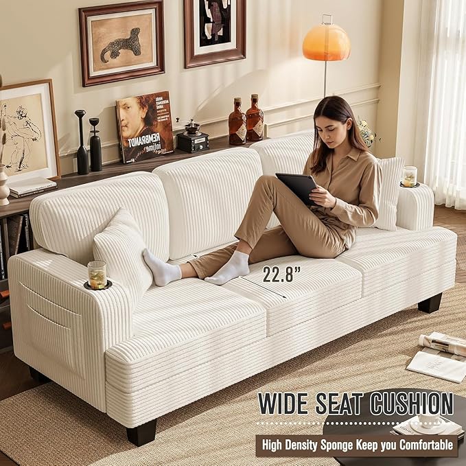 Homall Couches for Living Room, 83" Couch with Soft Deep Seats, Modern Sofa 3 Seater in Corduroy for Apartment, Bedroom (Beige)