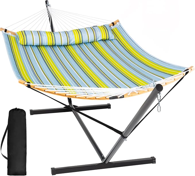 SUNCREAT Portable Outdoor Hammock with Stand Included, Double Hammock with Stand for Outside, Yellow Blue by SUNCREAT