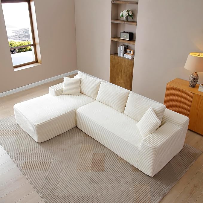 105-Inch L-Shaped Left Facing Corner Compressed Sofa Modular Sectional Boneless Cloud Sofa Floor Foam Couch with Chaise Lounge, Corduroy Corner Boneless Cloud Couch