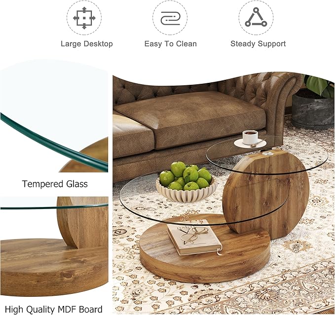 35.4" Glass Coffee Table, Small Round Coffee Table, 2-Tier Tempered Glass Tabletop with Wooden Base, Modern Center Table for Living Room, Home, Apartment, Ideal for Small Space