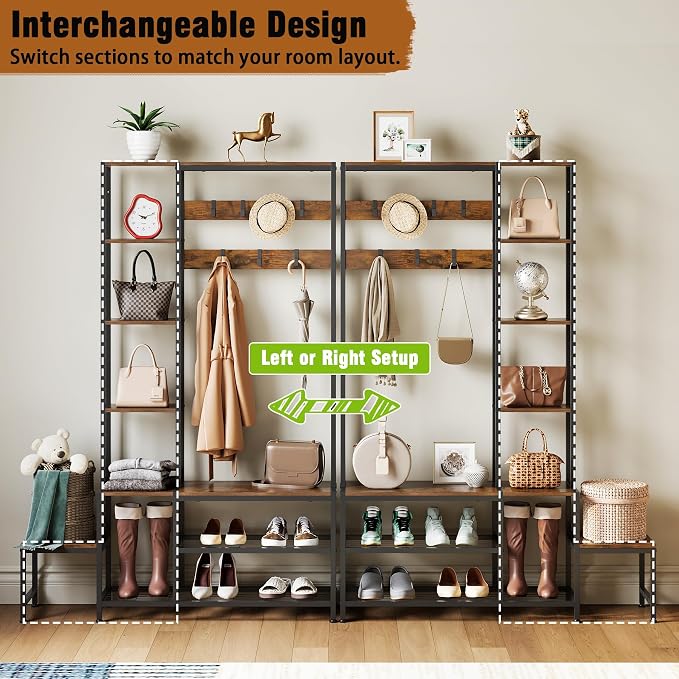 Espelism Hall Tree with Shoe Storage Bench Coat Rack with 7 Hooks Interchangeable 4 Tier Side Storage Shelves Small Cute Side Bench Industrial 5-in-1 Entryway Coat Rack for Hallway Mudroom Bedroom - Image 3