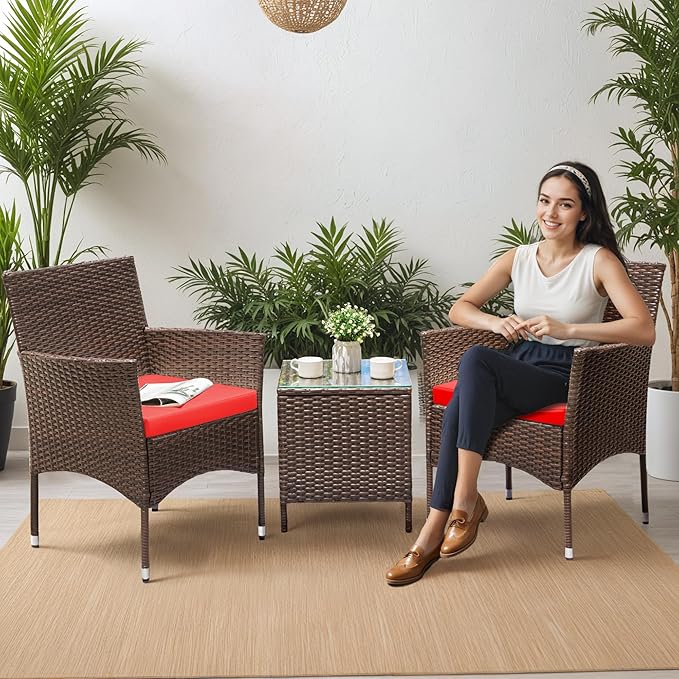 Greesum 3 Pieces Patio Dining PE Rattan Wicker Chair Furniture Set with Cushion and Glass Coffee Table for Outdoor Garden Backyard Poolside, Brown and Red
