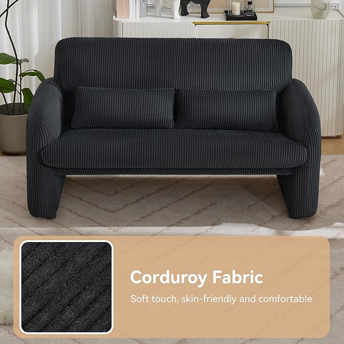 WUTUTUEE 56'' Corduroy Loveseat Sofa, 2 Seater Love Seat Couch for Small Space, Comfy Upholstered Modern Leisure Loveseat Couches with Lumbar Pillows for Bedroom, Office, Living Room, Black