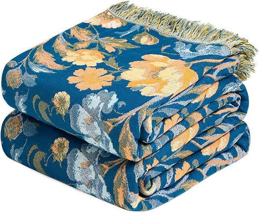 LUTBM Boho Throw Blanket for Couch Sofa Chair Cotton Spring Blankets for Bedroom Living Room All Season Soft Lightweight Reversible Floral Bird Embroidery Decorative Throws 50"x60"