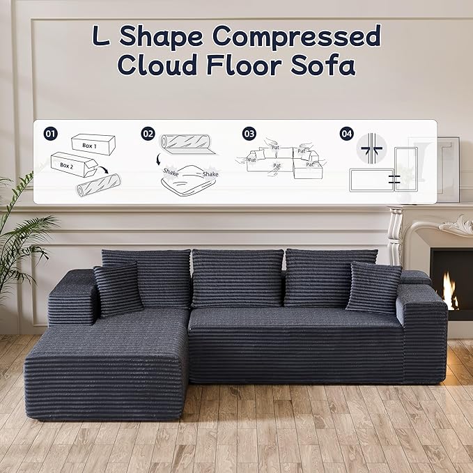 104” Sectional Cloud Couch, L-Shape Compressed Sofa with Right Chaise Lounge, Modular Cloud Couch with 2 Pillows & Deep Seat, Flannel Velvet Floor Sofa for Living Room, Dark Gray