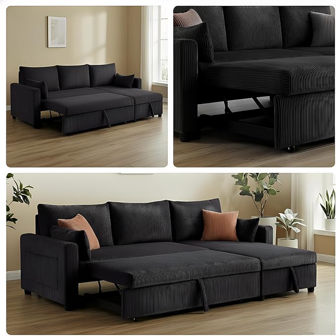 Queen Sleeper Sofa, Convertible Sofa Bed with Storage, 85 Inch Sectional Couch with Pull Out Bed, L Shaped 3 Seat Sectional Sleeper Sofa for Living Room, Apartment, Black