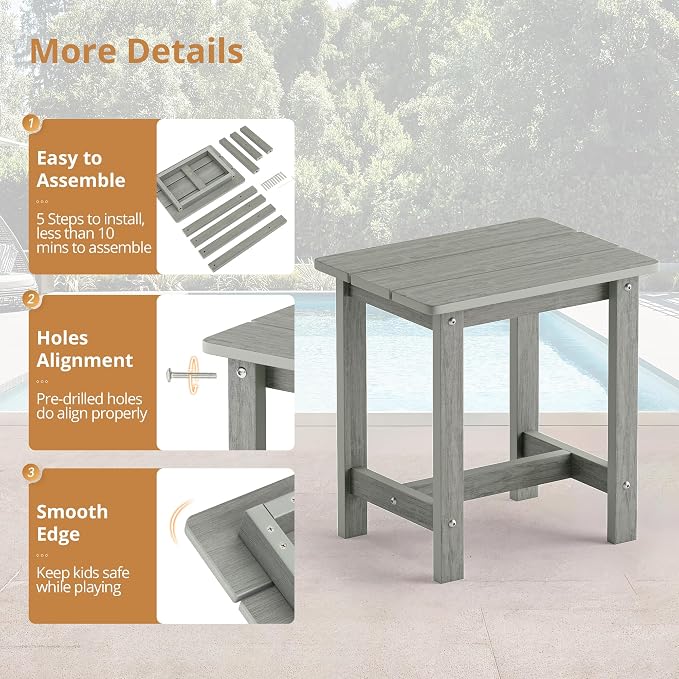 LUE BONA Outdoor Side Table, HDPS Small Outdoor Table, Rectangle Adirondack Side Table, Outside Table for Patio, Porch, Deck, Pool, Weather Resistant/Easy Maintenance, Gray - Image 6