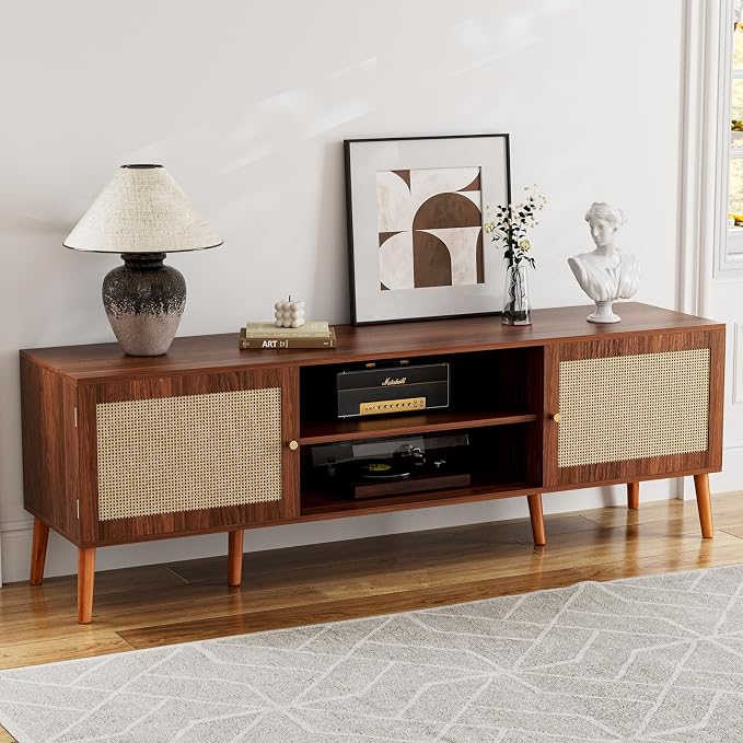 ZttRiee TV Stand for TVs up to 65'', Entertainment Center With Rattan Door, Shelves & 2 Cabinets, Long Boho Media Console for Living Room, Walnut by ZttRiee