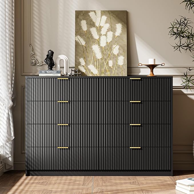 MAISONARIA 3-Piece Dresser Bedroom Set, 8 Drawer Dresser & 2 Drawer Nightstands with Gold Handles, Fluted Wood Chest of Drawers for Bedroom, Living Room, Entryway, Black