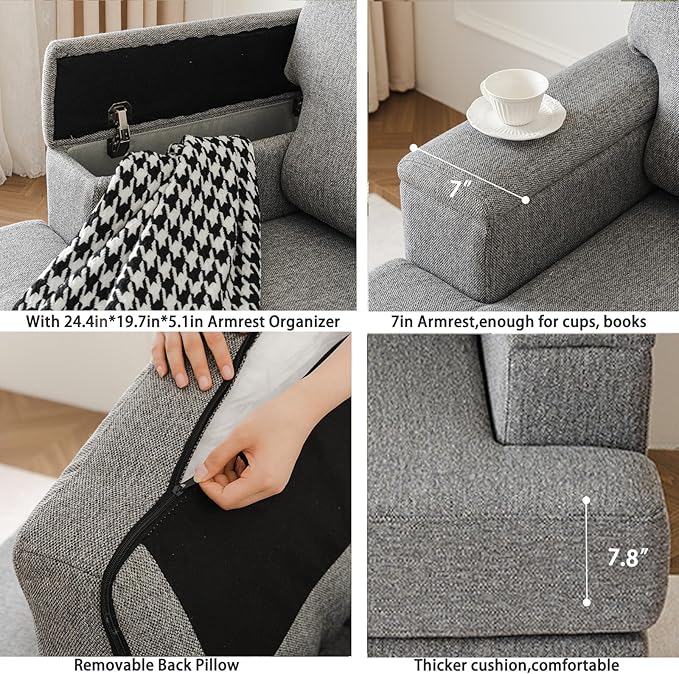Oversized Living Room Chairs Set of 2,Comfy Accent Chair with Armrest Organizer,Upholstered Armchair Thick Cushion,Big Reading Chair,Sofa Chair for Bedroom,Linen,Dark Gray