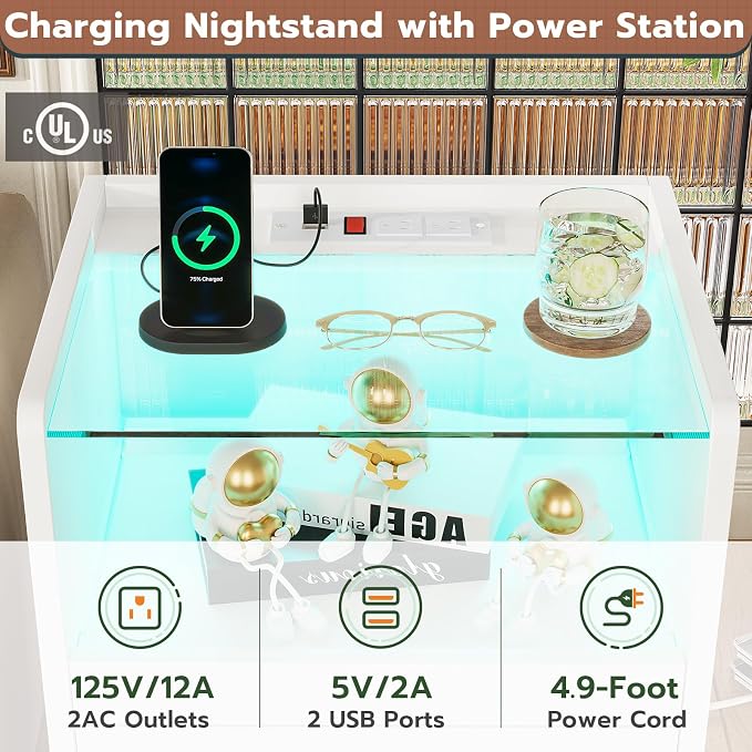 VIAGDO White Nightstand Set of 2 with Charging Station and LED Lights, 2 Drawers LED Night Stand with Tempered Glass Tabletop, Modern End Side Tables with Pull-Out Tray, Open Storage Bedside Tables - Image 5