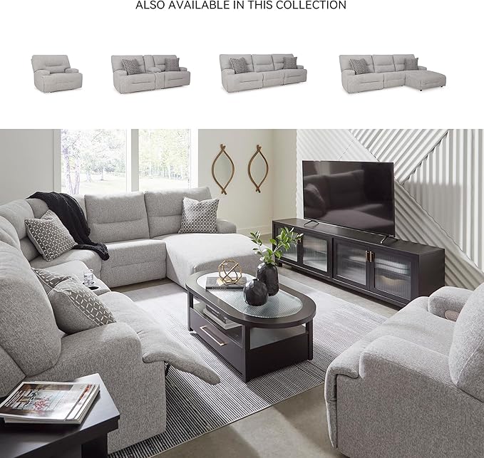Signature Design by Ashley Acklen Place Stain Resistant Modern L-Shaped Left-Arm Facing 3-Piece Power Reclining Sectional with Adjustable Headrest, USB Ports and 2 Accent Pillows, Light Gray