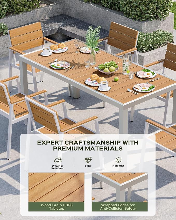 Vexwalx 5-Piece Outdoor Dining Set, Aluminum Dining Table Set for 4, Patio Table and Chairs Set with Umbrella Hole, All Weather HDPS Outdoor Table and Chairs for 4 (White-Teak) - Image 2