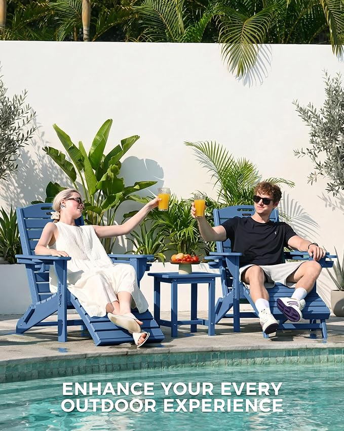 Folding Adirondack Chair with Retractable Ottoman Weather Resistant Fire Pit Chair Patio Chair with 2 Cup Holder Lawn Outdoor Lounge Chair (Navy Blue) - Image 4