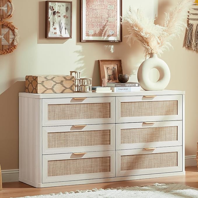 LEYAOYAO Rattan 6 Drawer Dresser for Bedroom Set of 2, Boho 54" Wide White Dresser Chest of Drawers, Dressers TV Stand with Metal Handle, Storage Dressers Closet Organizer for Living Room, Hallway - Image 7