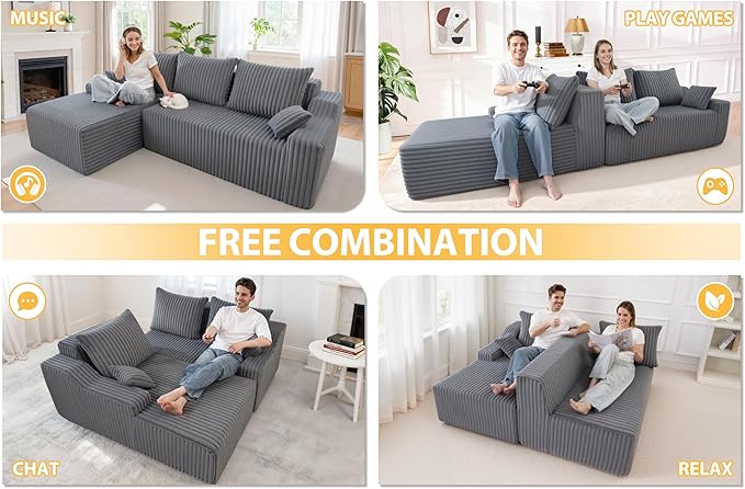 Homguava 94'' Cloud Sectional Couch, Modular L-Shape Couch with Chaise, Boneless Sofa with Deep Seat for Living Room Bedroom,No Assembly Required(Grey,Left Facing Chaise)