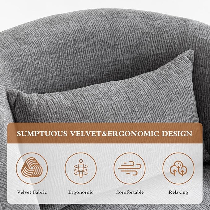 360° Swivel Accent Chair, Modern Velvet Barrel Chair with Pillow, Upholstered Single Sofa for Living Room, Bedroom, Office. Grey