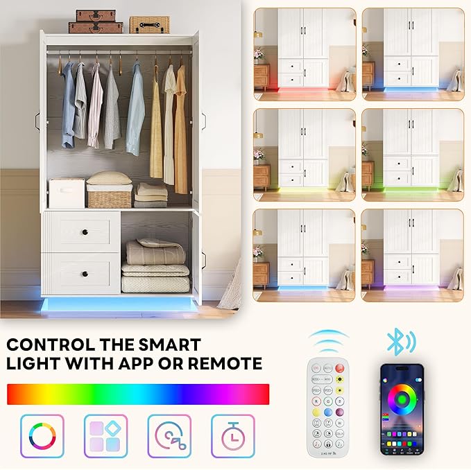 LIKIMIO Farmhouse Wardrobe Closet with Doors, 70" Bedroom Armoires with LED Lights and Hanging Rod, Wooden Large Wardrobe Cabinet with 2 Drawers and 1 Cabinet, Classic White