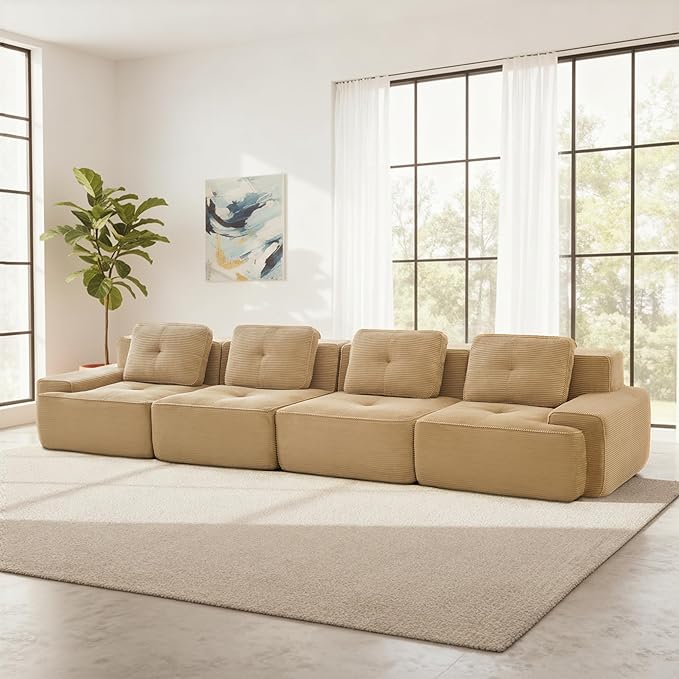 Casaphoria 150'' Camel Corduroy Cloud Couch, 4-Seater Boneless Sectional Sofa with 4 Pillows for Living Room, Deep Seat Sofa, No Assembly Required