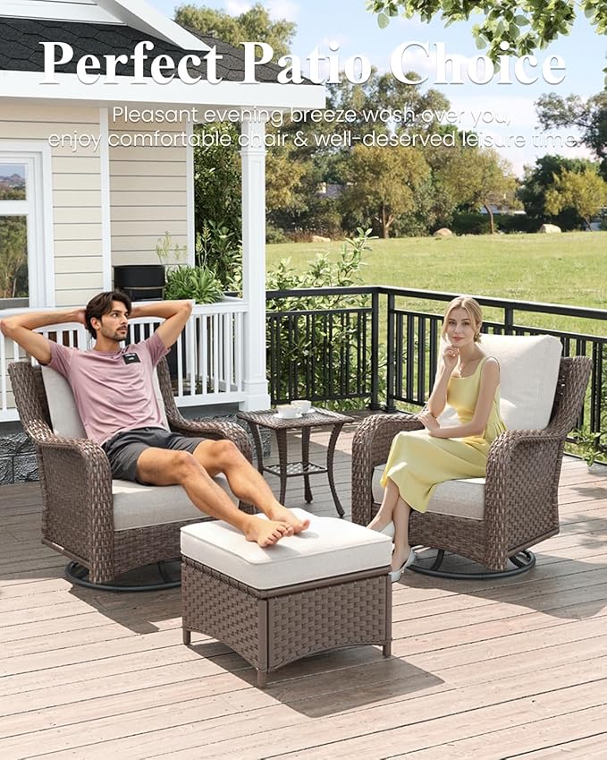 LayinSun 8 Piece Wicker Outdoor Furniture Set with 6-inch Comfy Cushions, High Back Patio Furniture Set with Swivel Rocking Chairs and Fire Pit Table